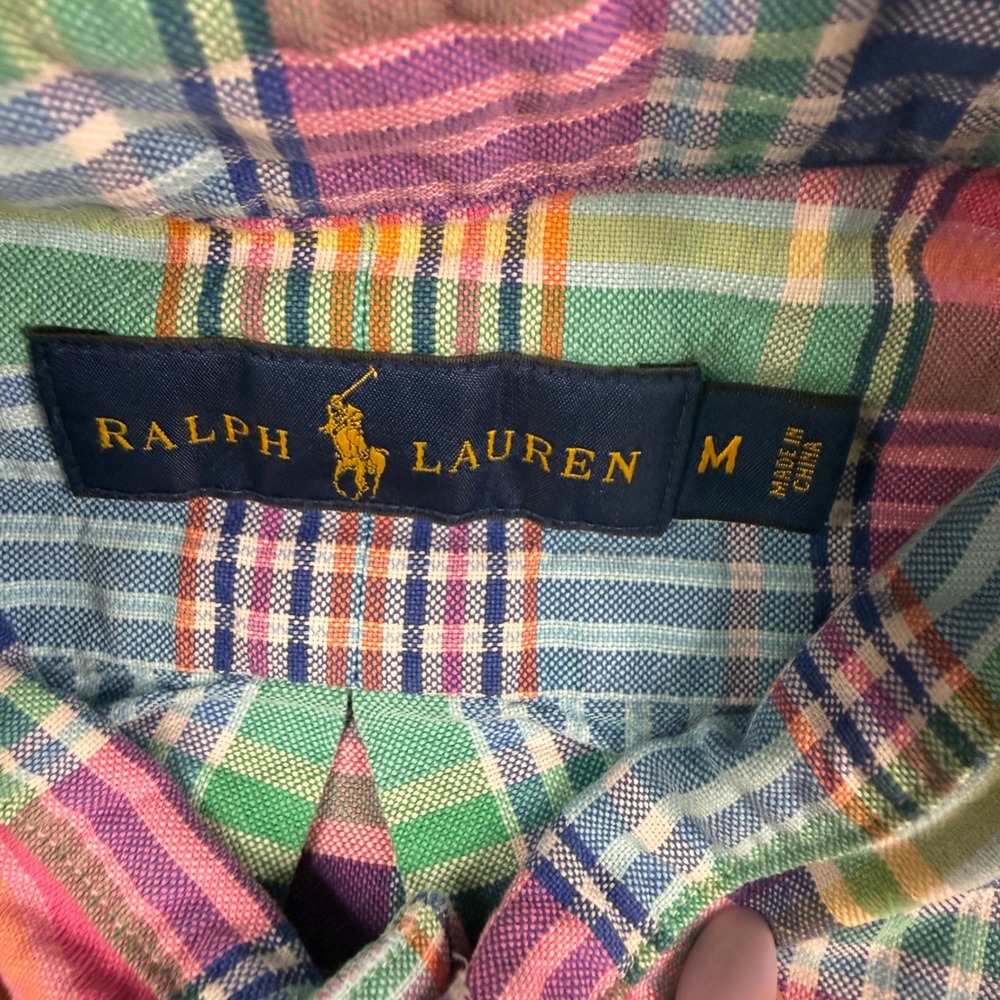 Polo Ralph Lauren Button Down Shirt Mens Medium Madras Plaid Cotton Flesh Pony - Picture 3 of 9